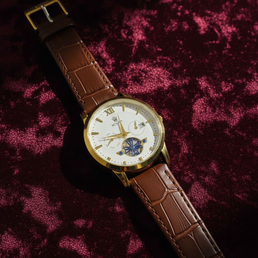 Luxury Men's Skeleton Watch - Gold Tone Case with Open-Heart Movement & Embossed Leather Strap