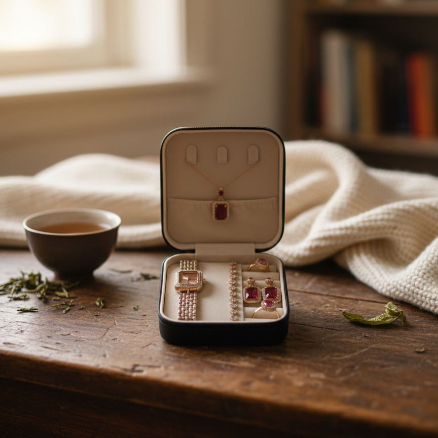 Elegant 6-Piece Rose Gold & Ruby Red Jewelry Gift Set – Includes Crystal-Encrusted Watch, Pendant Necklace, Matching Earrings, Tennis Bracelet, and Dual Statement Rings with Luxury Travel Case