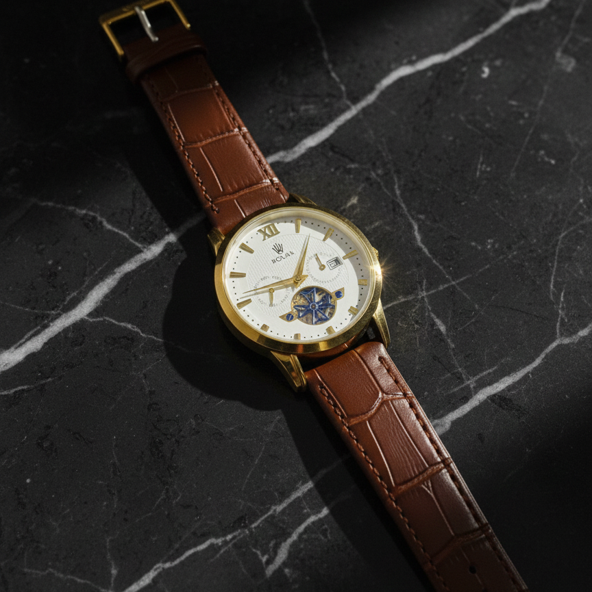 Luxury Men's Skeleton Watch - Gold Tone Case with Open-Heart Movement & Embossed Leather Strap