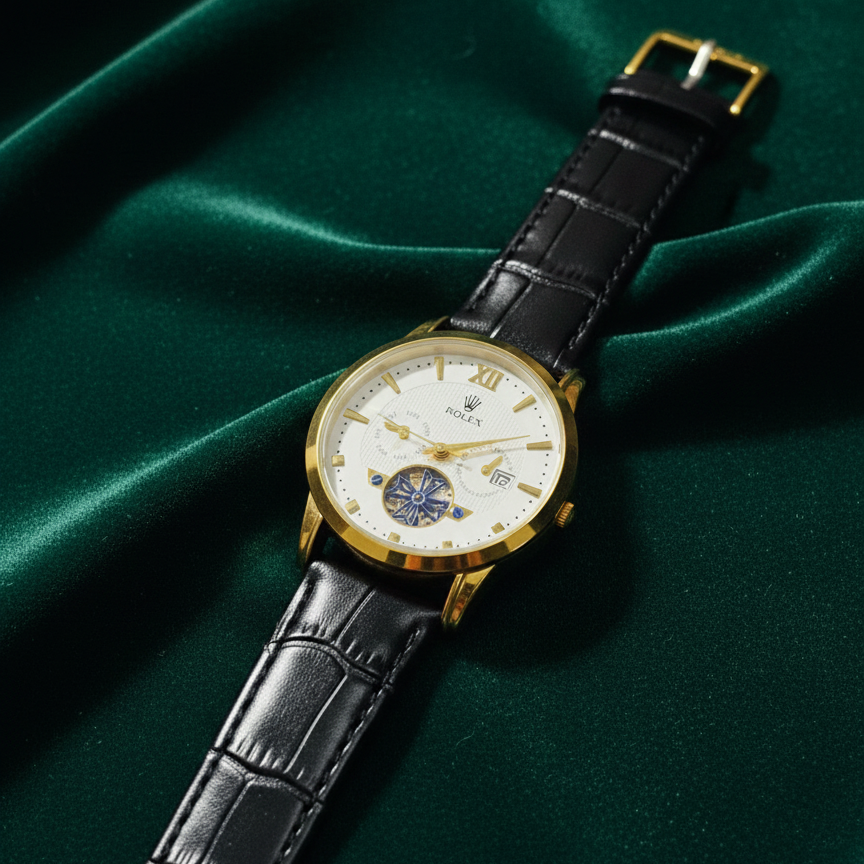 Luxury Men's Skeleton Watch - Gold Tone Case with Open-Heart Movement & Embossed Leather Strap